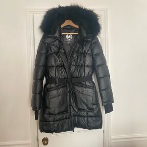 Michael Kors Shiny Black Puffer Jacket with Fur Trim Winter Belted Very Puffer
